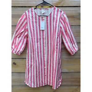 Lovelo Pink White Striped Cotton Mini Dress 3/4 Puff Sleeve Button Front CD52305
